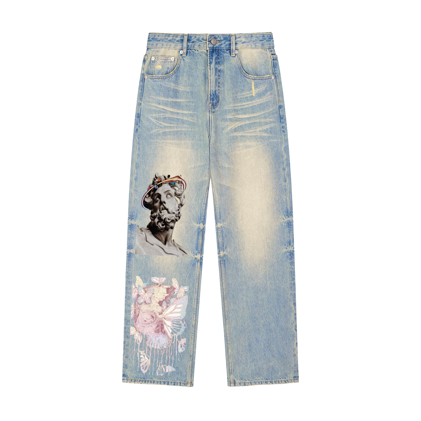 Sun Fade Raw Hem Denim Jeans
